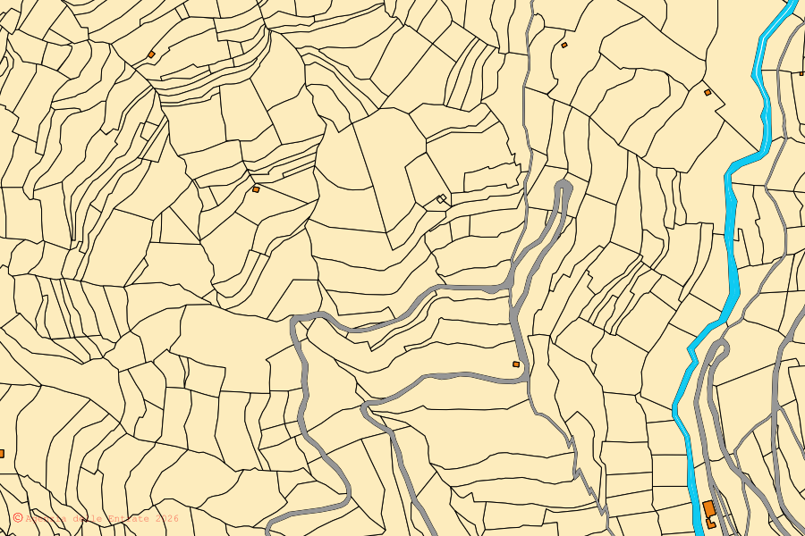 Mapa catastral del centro de Borghetto d'Arroscia: parcelas y edificios, cartografía de la Agenzia delle Entrate
