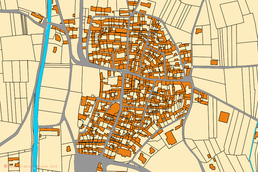 Mapa catastral del centro de Borgomasino: parcelas y edificios, cartografía de la Agenzia delle Entrate