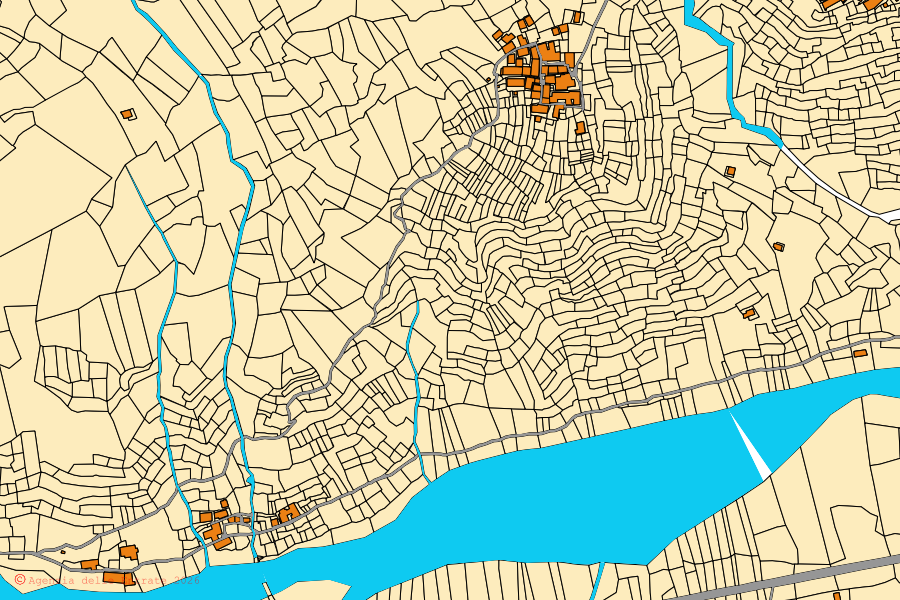 Mapa catastral del centro de Borgomezzavalle: parcelas y edificios, cartografía de la Agenzia delle Entrate