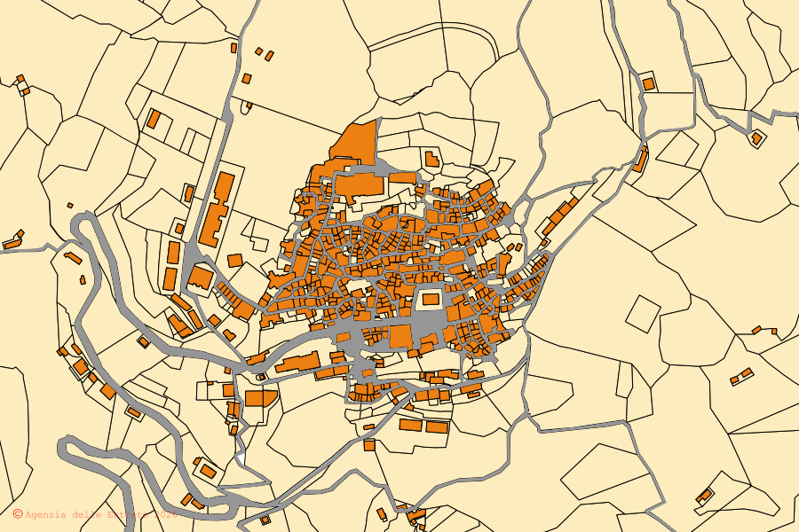 Mapa catastral del centro de Bova: parcelas y edificios, cartografía de la Agenzia delle Entrate
