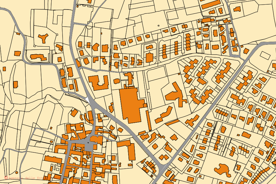 Mapa catastral del centro de Briosco: parcelas y edificios, cartografía de la Agenzia delle Entrate