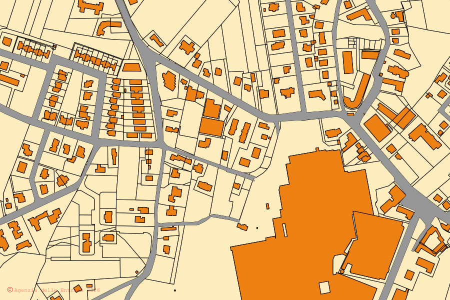 Mapa catastral del centro de Brugnera: parcelas y edificios, cartografía de la Agenzia delle Entrate