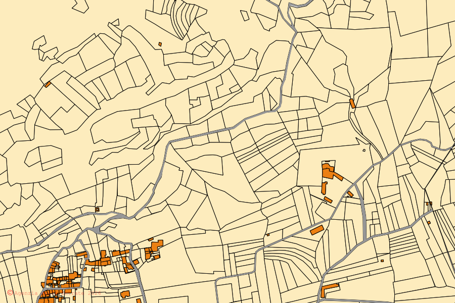 Mapa catastral del centro de Bussoleno: parcelas y edificios, cartografía de la Agenzia delle Entrate
