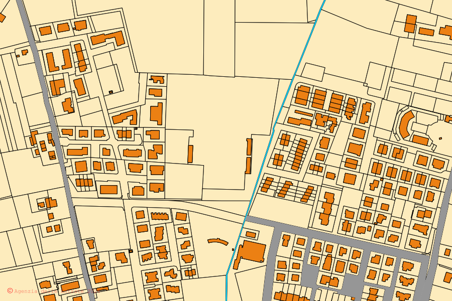 Mapa catastral del centro de Cadelbosco di Sopra: parcelas y edificios, cartografía de la Agenzia delle Entrate