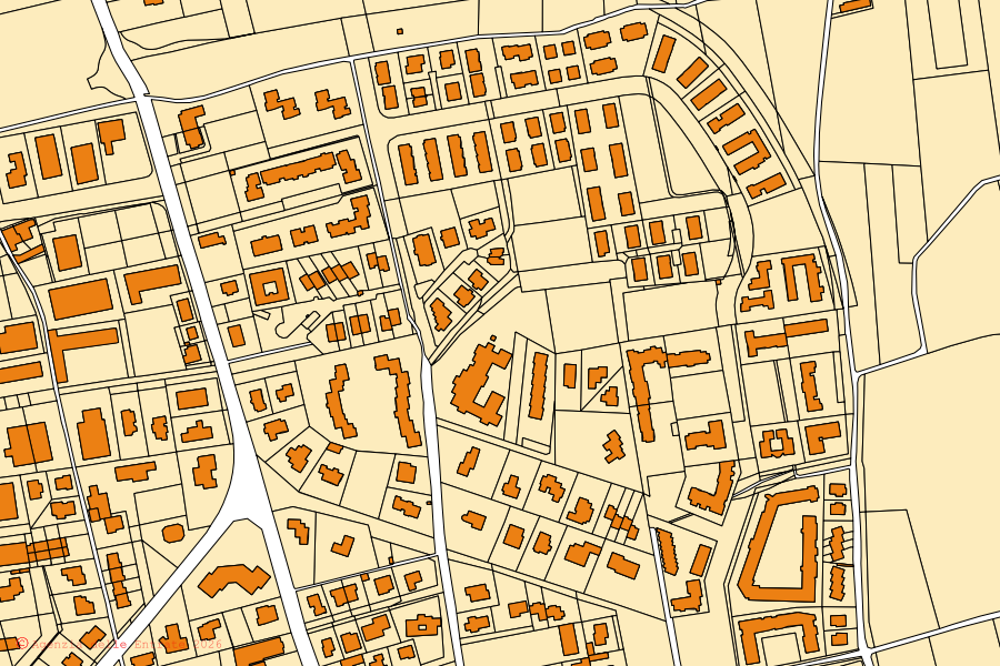 Mapa catastral del centro de Calvenzano: parcelas y edificios, cartografía de la Agenzia delle Entrate