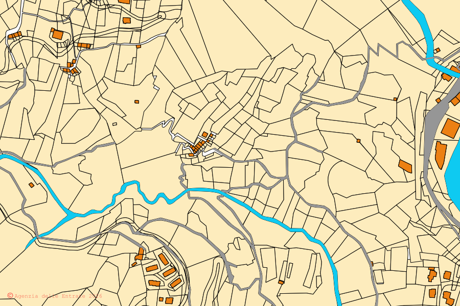 Mapa catastral del centro de Camerata Cornello: parcelas y edificios, cartografía de la Agenzia delle Entrate