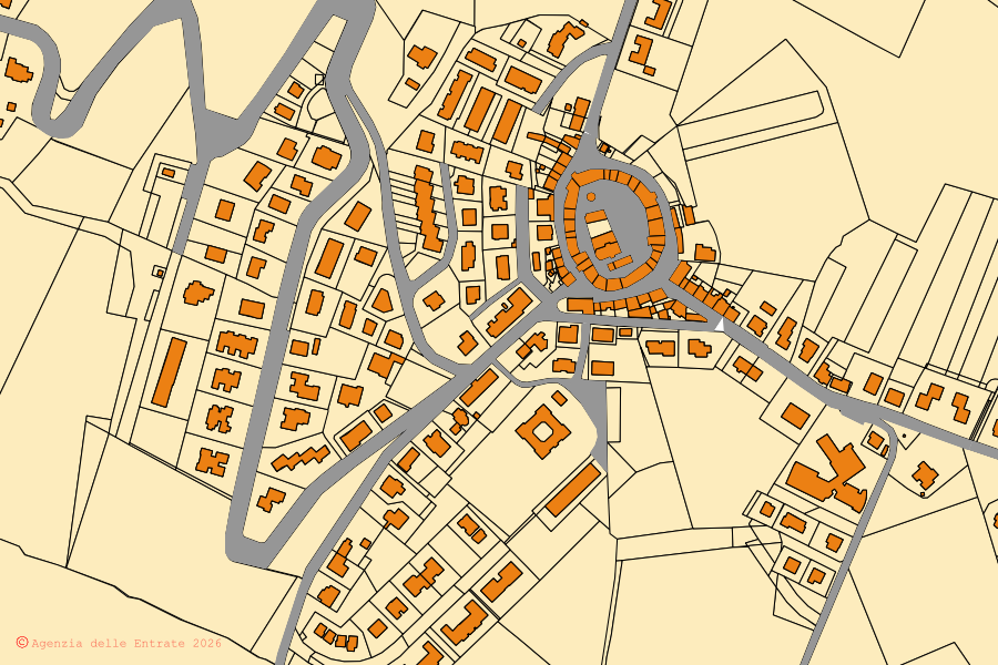 Mapa catastral del centro de Camerata Picena: parcelas y edificios, cartografía de la Agenzia delle Entrate