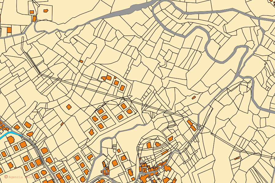 Mapa catastral del centro de Campo Calabro: parcelas y edificios, cartografía de la Agenzia delle Entrate