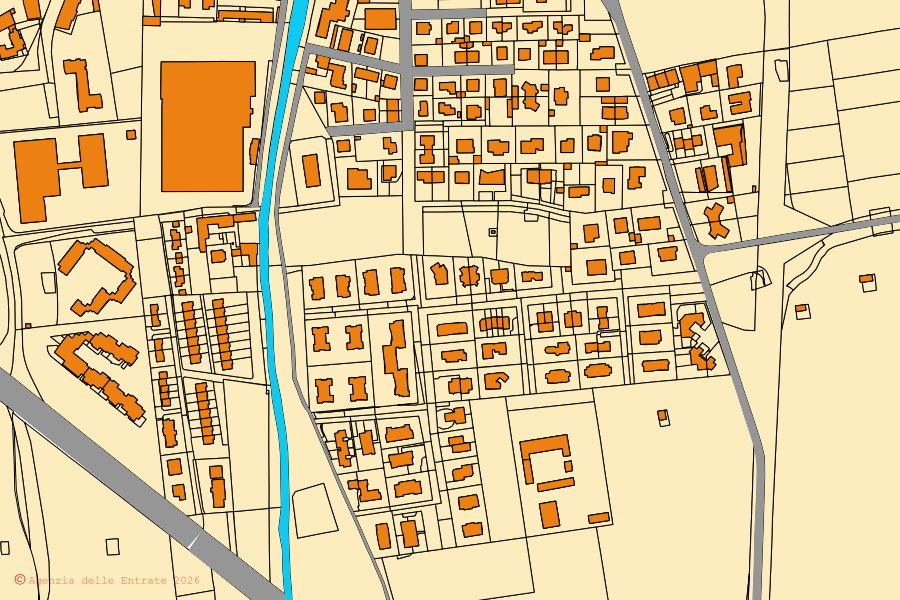 Mapa catastral del centro de Caponago: parcelas y edificios, cartografía de la Agenzia delle Entrate
