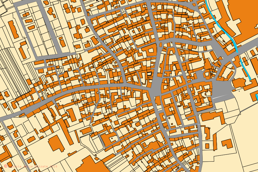 Mapa catastral del centro de Caramagna Piemonte: parcelas y edificios, cartografía de la Agenzia delle Entrate
