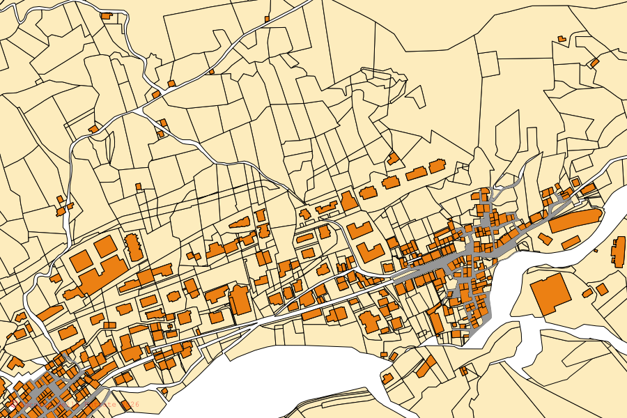 Mapa catastral del centro de Carona: parcelas y edificios, cartografía de la Agenzia delle Entrate