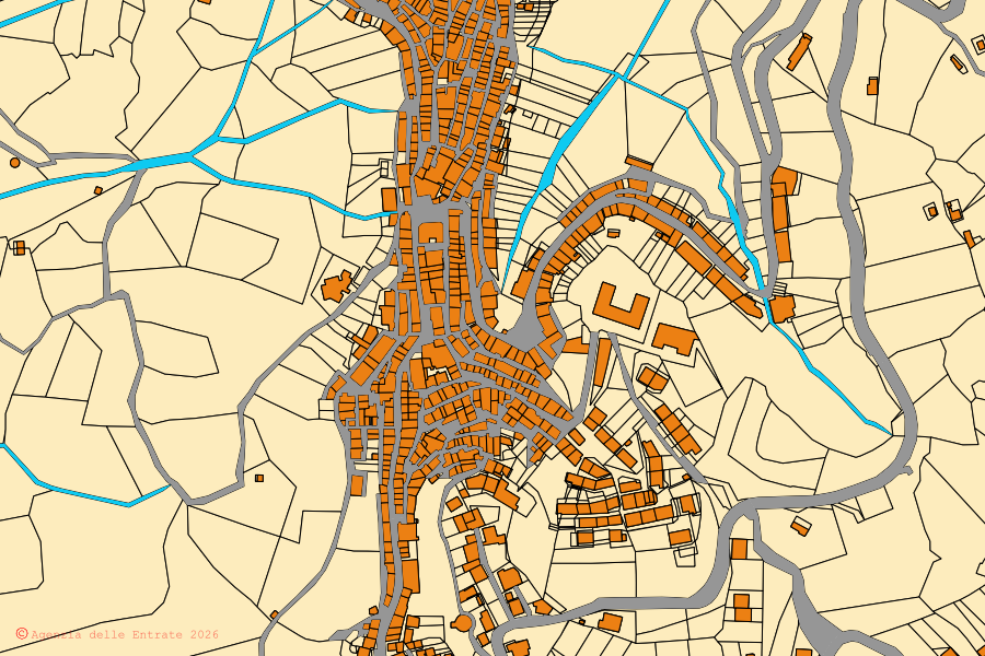 Mapa catastral del centro de Caronia: parcelas y edificios, cartografía de la Agenzia delle Entrate