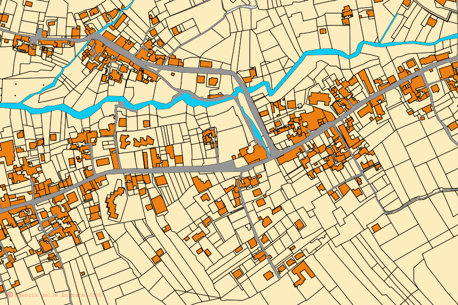 Mapa catastral del centro de Casola di Napoli: parcelas y edificios, cartografía de la Agenzia delle Entrate