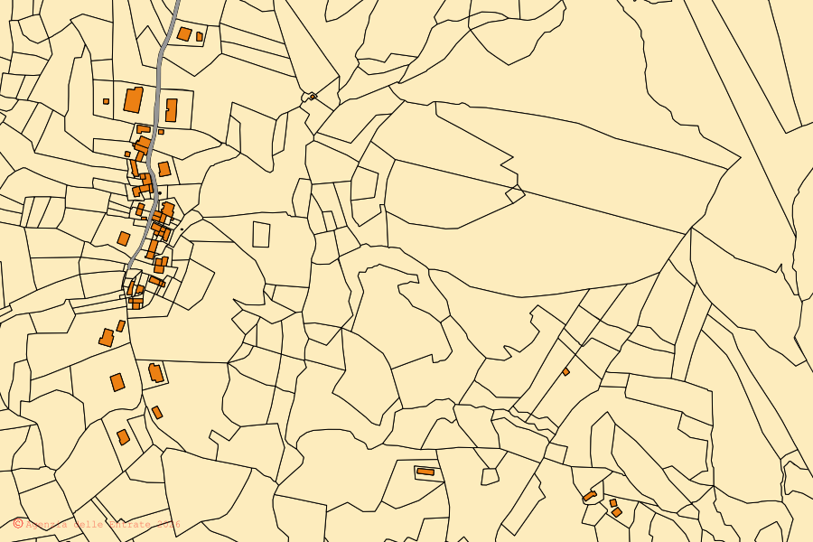 Mapa catastral del centro de Cassinelle: parcelas y edificios, cartografía de la Agenzia delle Entrate