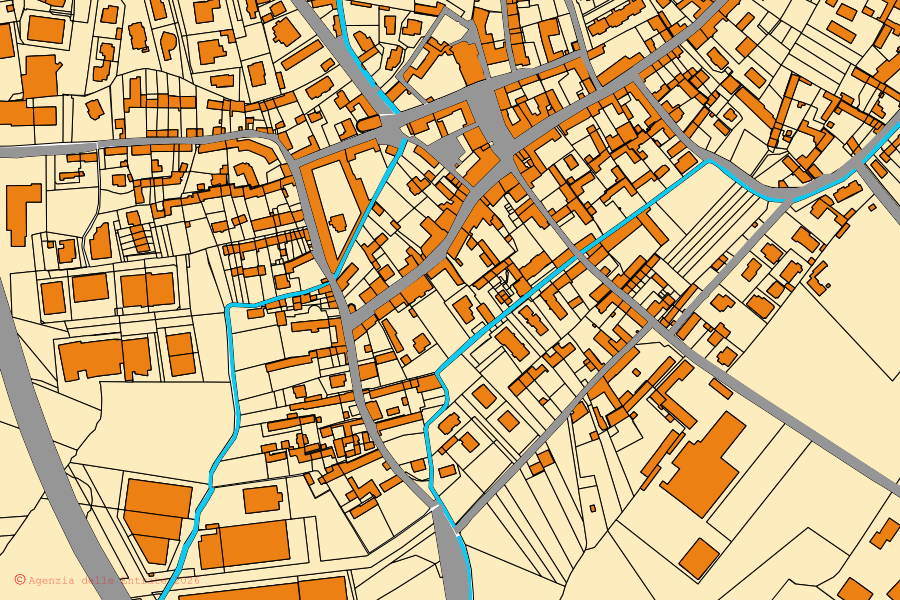 Mapa catastral del centro de Castagnole Piemonte: parcelas y edificios, cartografía de la Agenzia delle Entrate