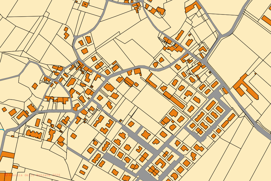 Mapa catastral del centro de Castegnero: parcelas y edificios, cartografía de la Agenzia delle Entrate