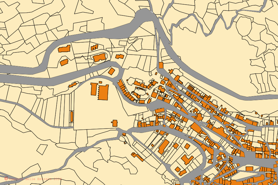 Mapa catastral del centro de Castel del Monte: parcelas y edificios, cartografía de la Agenzia delle Entrate