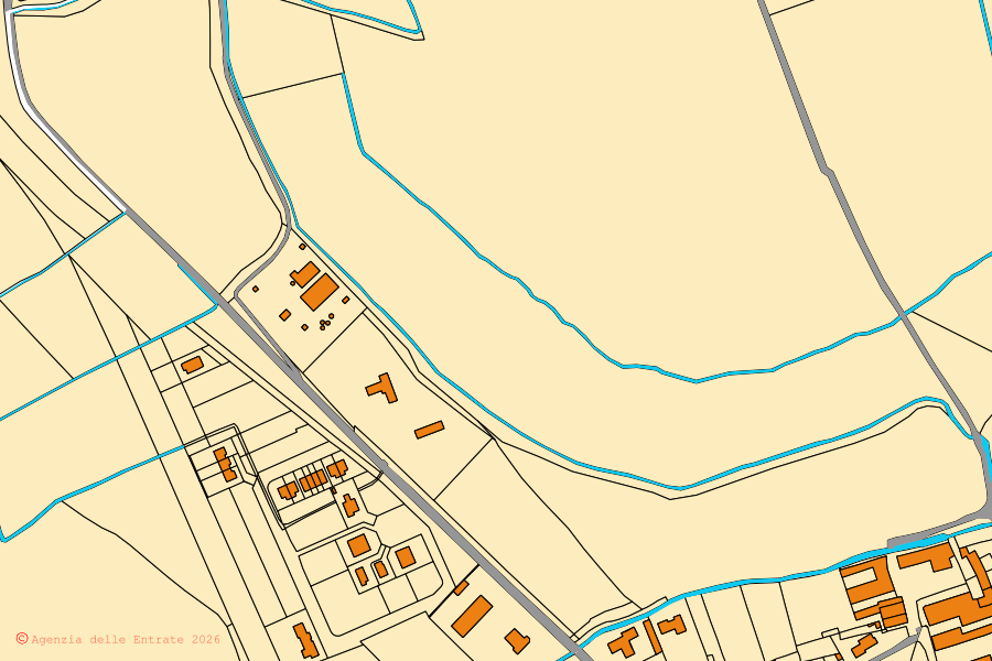 Mapa catastral del centro de Castelgerundo: parcelas y edificios, cartografía de la Agenzia delle Entrate