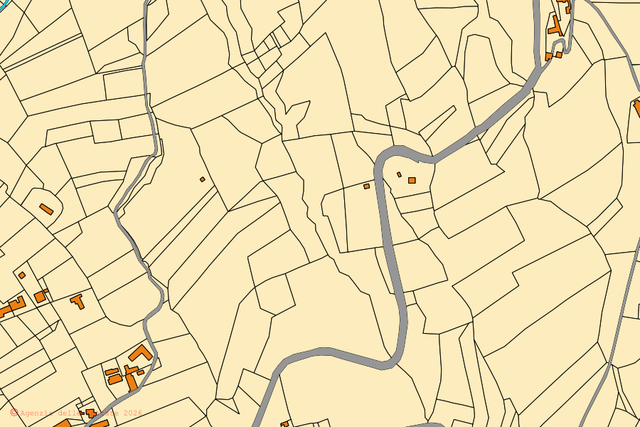 Mapa catastral del centro de Castelletto d'Erro: parcelas y edificios, cartografía de la Agenzia delle Entrate