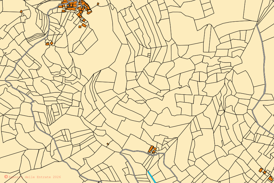 Mapa catastral del centro de Castelmagno: parcelas y edificios, cartografía de la Agenzia delle Entrate