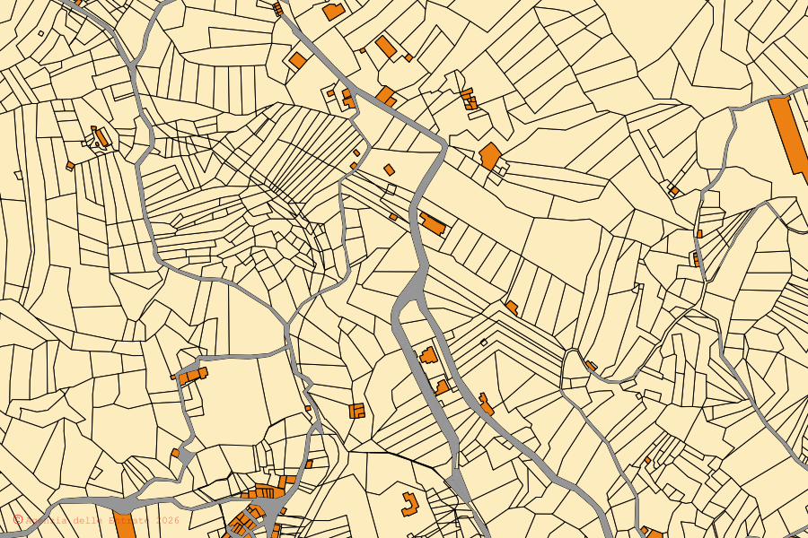 Mapa catastral del centro de Castroreale: parcelas y edificios, cartografía de la Agenzia delle Entrate