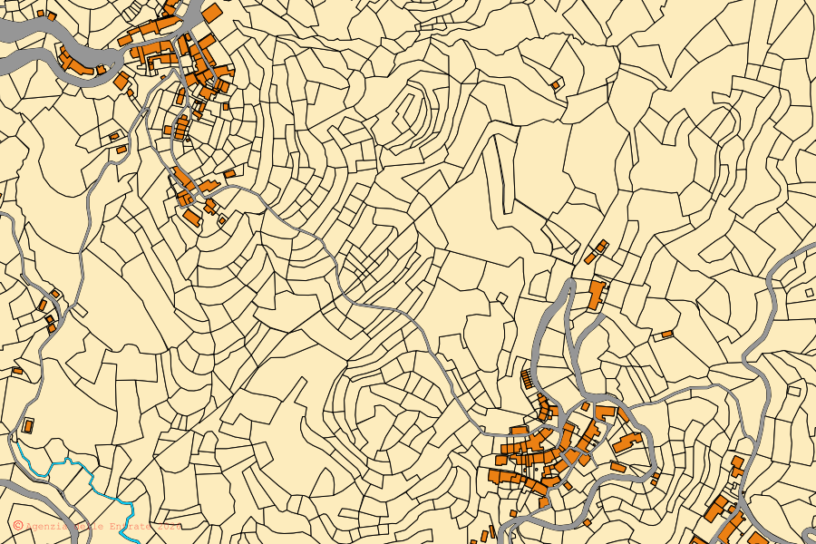 Mapa catastral del centro de Cellio con Breia: parcelas y edificios, cartografía de la Agenzia delle Entrate