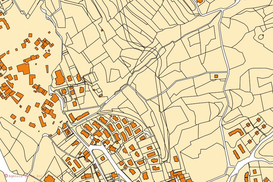 Mapa catastral del centro de Cerete: parcelas y edificios, cartografía de la Agenzia delle Entrate