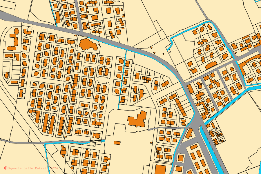 Mapa catastral del centro de Cerro al Lambro: parcelas y edificios, cartografía de la Agenzia delle Entrate