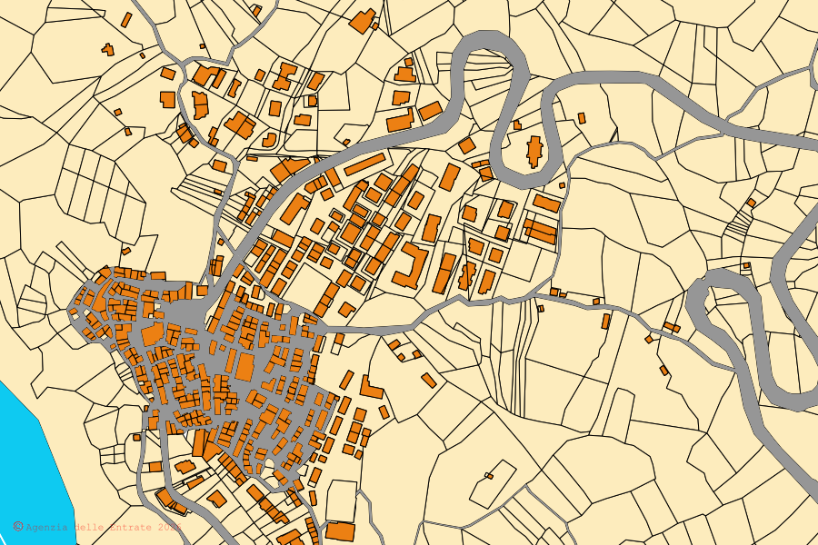 Mapa catastral del centro de Cersosimo: parcelas y edificios, cartografía de la Agenzia delle Entrate