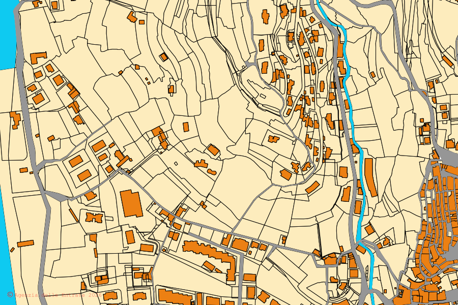 Mapa catastral del centro de Cervo: parcelas y edificios, cartografía de la Agenzia delle Entrate