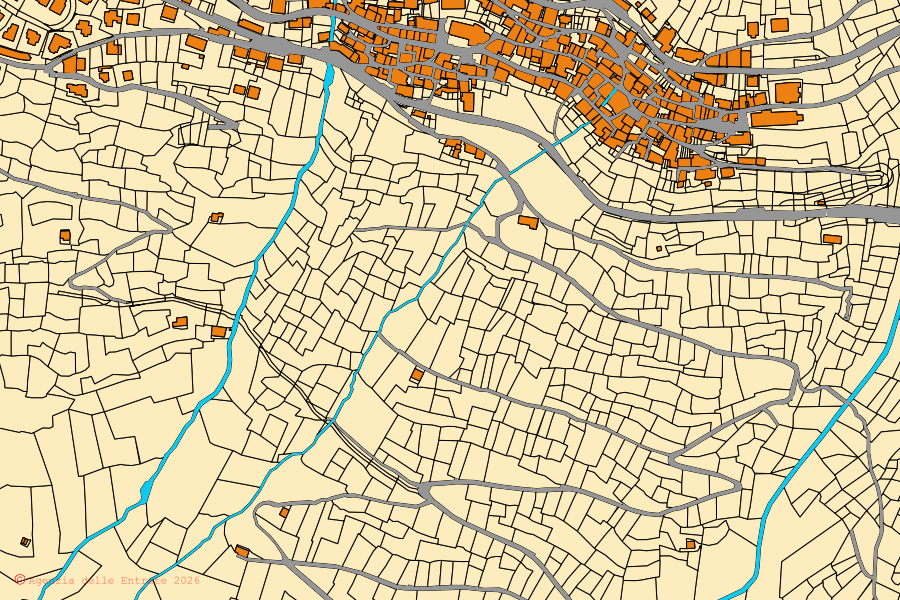 Mapa catastral del centro de Cevo: parcelas y edificios, cartografía de la Agenzia delle Entrate