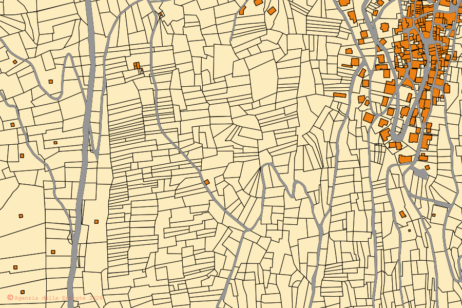 Mapa catastral del centro de Cimbergo: parcelas y edificios, cartografía de la Agenzia delle Entrate