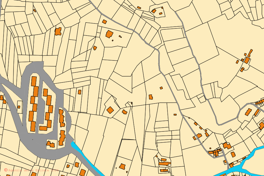 Mapa catastral del centro de Cittaducale: parcelas y edificios, cartografía de la Agenzia delle Entrate