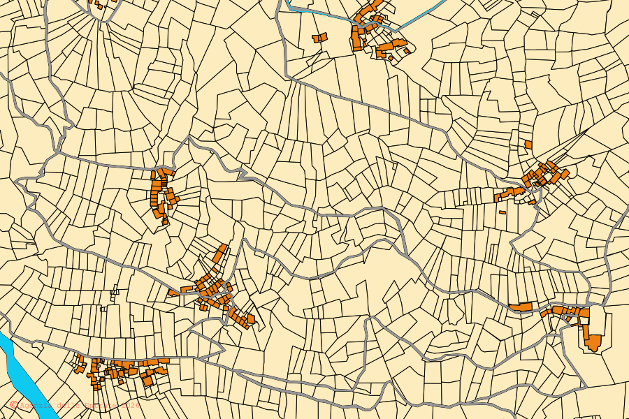 Mapa catastral del centro de Coazze: parcelas y edificios, cartografía de la Agenzia delle Entrate