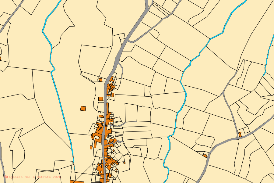 Mapa catastral del centro de Conca della Campania: parcelas y edificios, cartografía de la Agenzia delle Entrate