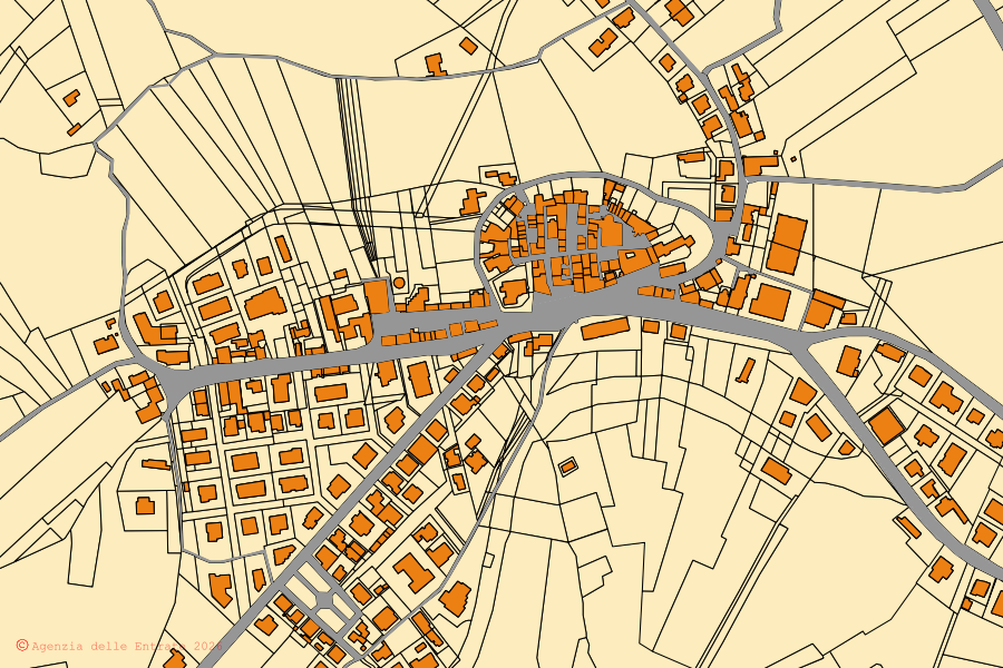 Mapa catastral del centro de Controguerra: parcelas y edificios, cartografía de la Agenzia delle Entrate