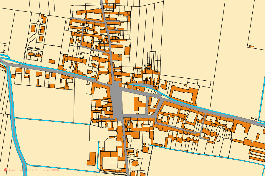 Mapa catastral del centro de Corte de' Cortesi con Cignone: parcelas y edificios, cartografía de la Agenzia delle Entrate