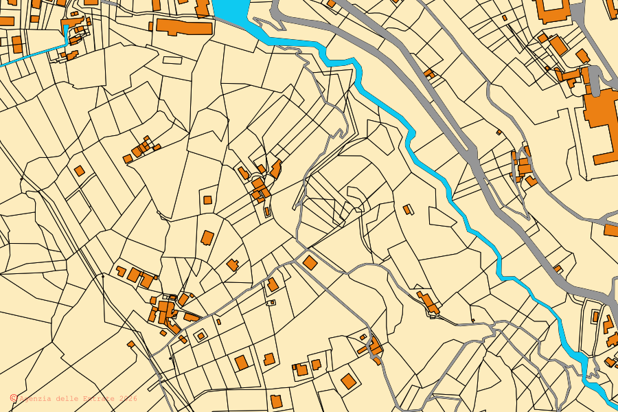 Mapa catastral del centro de Cosenza: parcelas y edificios, cartografía de la Agenzia delle Entrate
