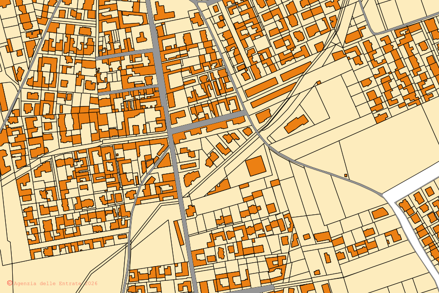 Mapa catastral del centro de Crispano: parcelas y edificios, cartografía de la Agenzia delle Entrate