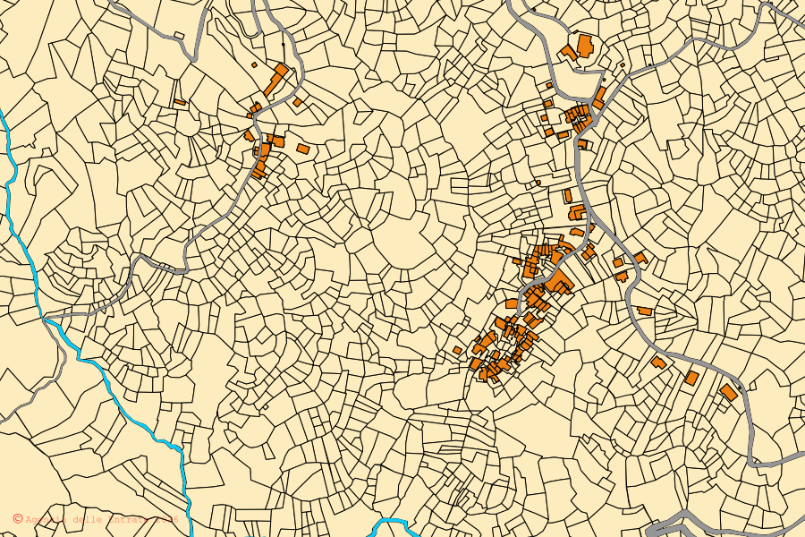 Mapa catastral del centro de Curino: parcelas y edificios, cartografía de la Agenzia delle Entrate