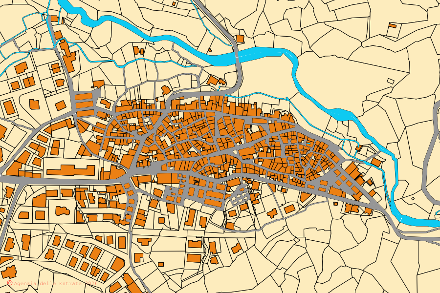 Mapa catastral del centro de Dasà: parcelas y edificios, cartografía de la Agenzia delle Entrate