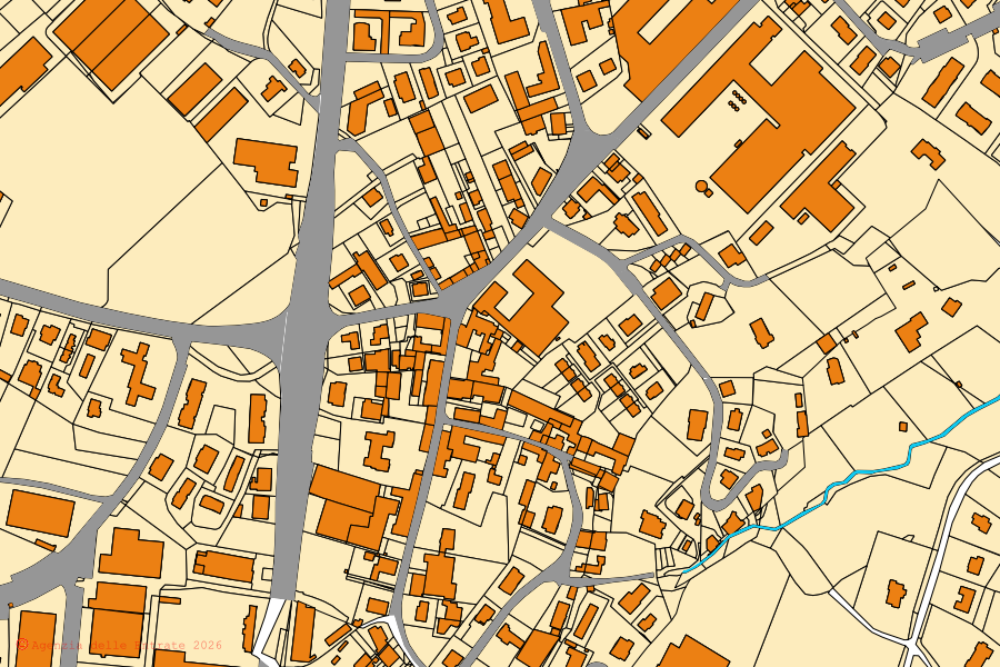 Mapa catastral del centro de Dolzago: parcelas y edificios, cartografía de la Agenzia delle Entrate