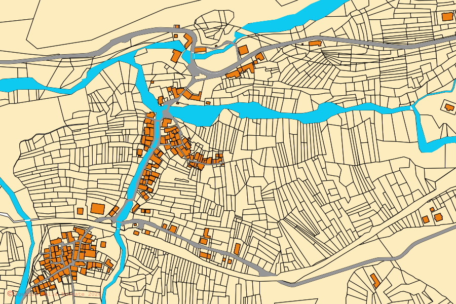 Mapa catastral del centro de Druogno: parcelas y edificios, cartografía de la Agenzia delle Entrate