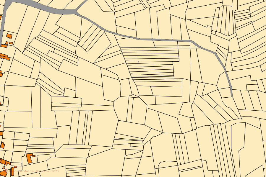 Mapa catastral del centro de Dusino San Michele: parcelas y edificios, cartografía de la Agenzia delle Entrate