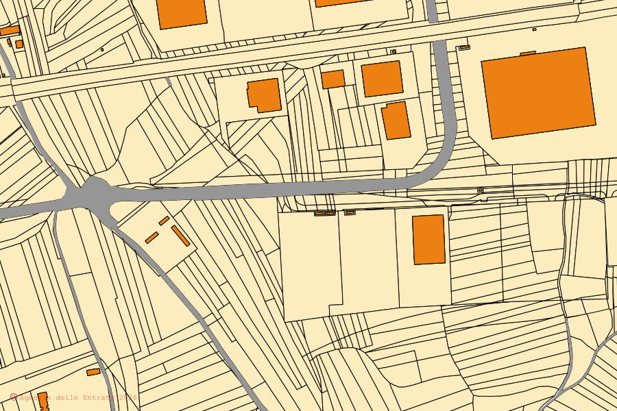 Mapa catastral del centro de Feltre: parcelas y edificios, cartografía de la Agenzia delle Entrate