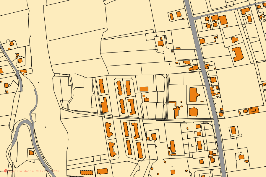 Mapa catastral del centro de Fermo: parcelas y edificios, cartografía de la Agenzia delle Entrate