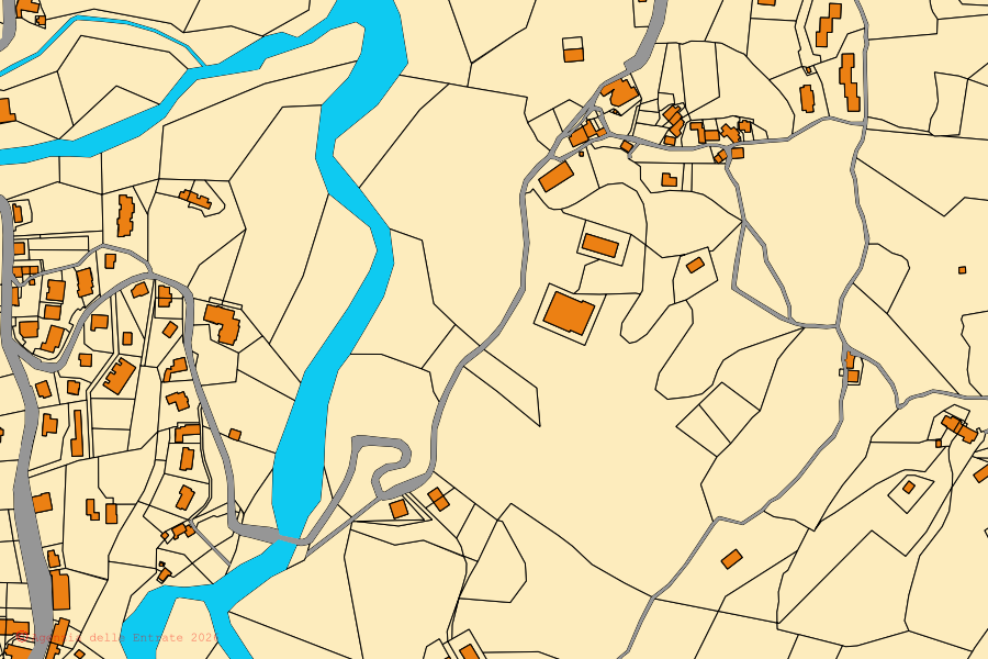 Mapa catastral del centro de Fiumalbo: parcelas y edificios, cartografía de la Agenzia delle Entrate