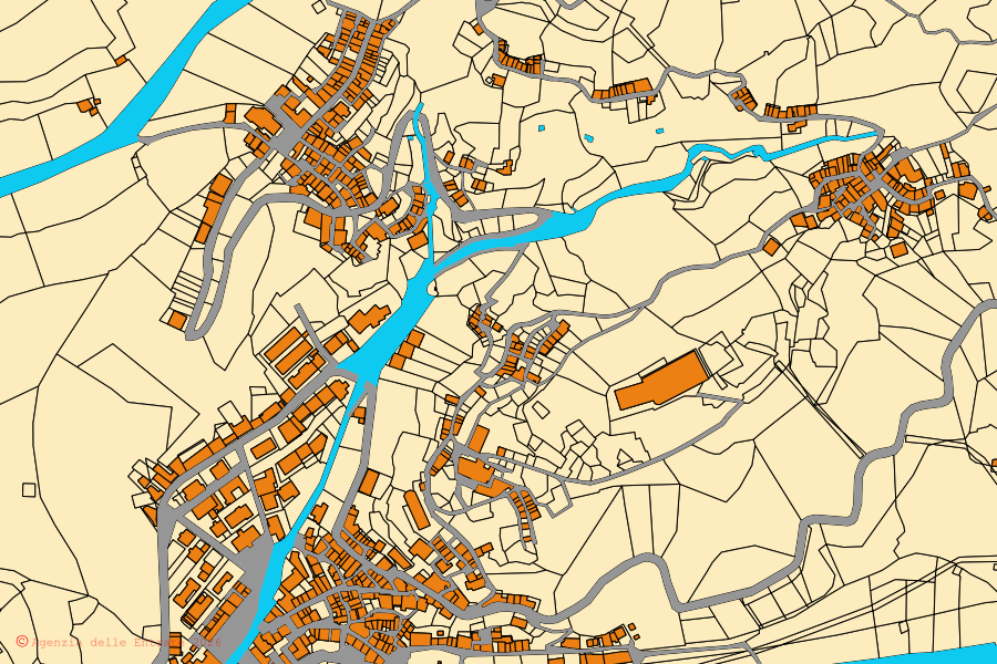 Mapa catastral del centro de Fiumara: parcelas y edificios, cartografía de la Agenzia delle Entrate
