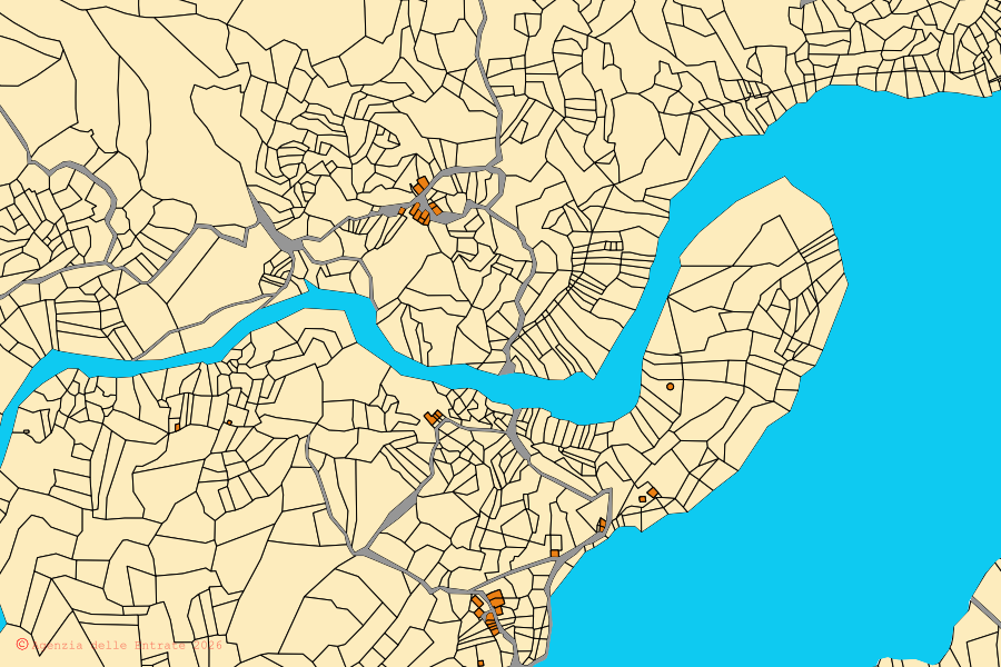 Mapa catastral del centro de Fondachelli-Fantina: parcelas y edificios, cartografía de la Agenzia delle Entrate