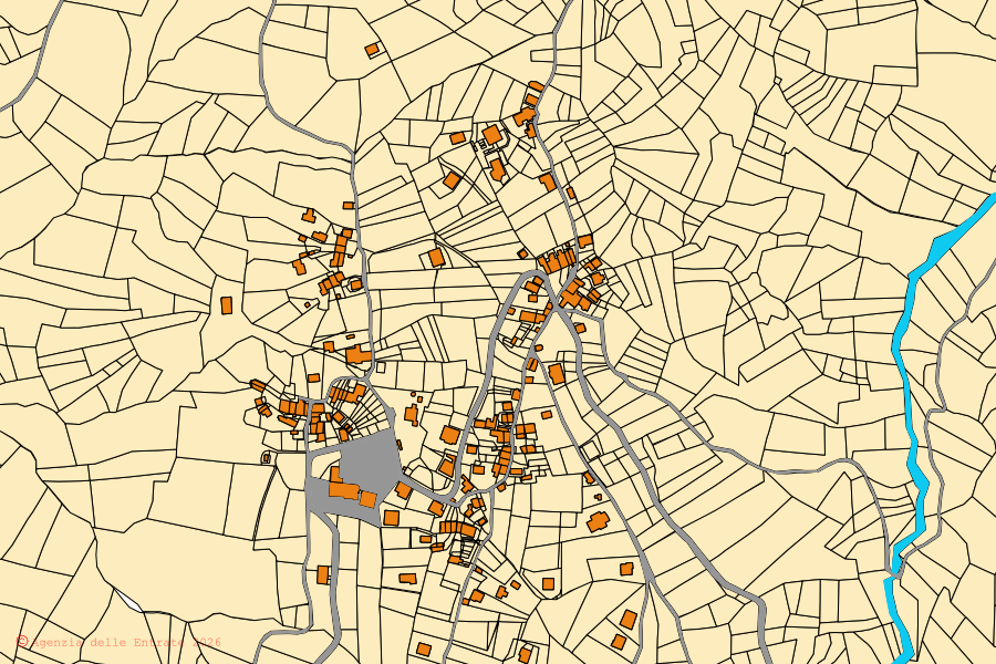 Mapa catastral del centro de Fontanigorda: parcelas y edificios, cartografía de la Agenzia delle Entrate